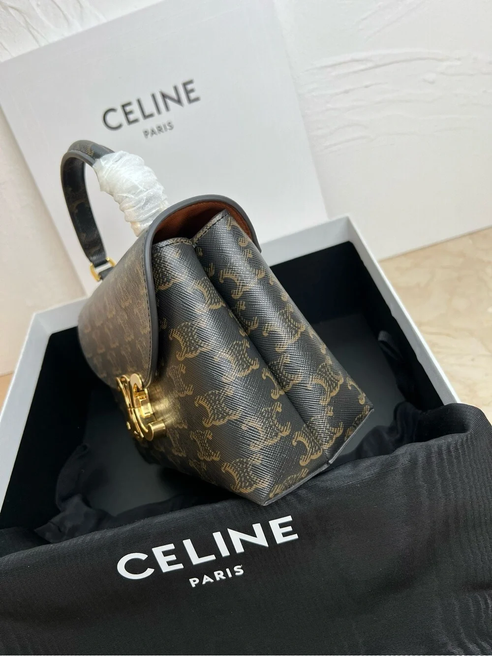 Celine Triomphe Top Handle Satchel in Brown with Gold Hardware